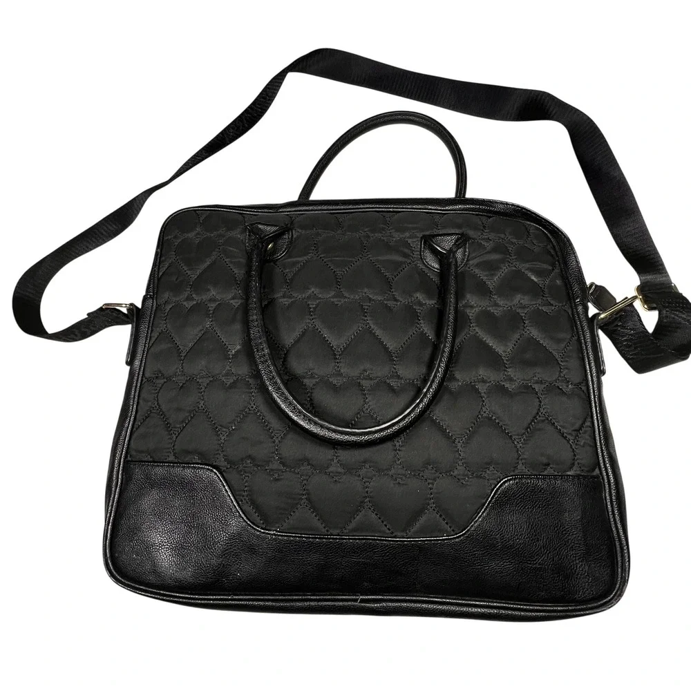 Betsey Johnson Laptop Bag Womens Black Quilted Heart Messenger Crossbody Satchel